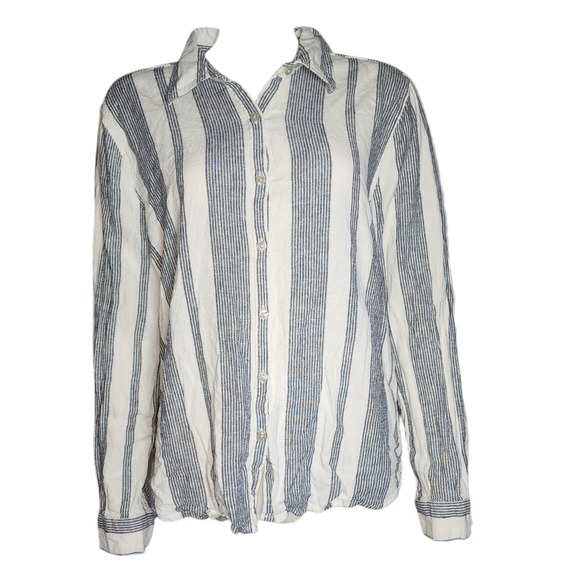 Orvis Tops - Orvis Linen Shirt Womens Size XL Blue White Striped Long Sleeve Coastal Classic